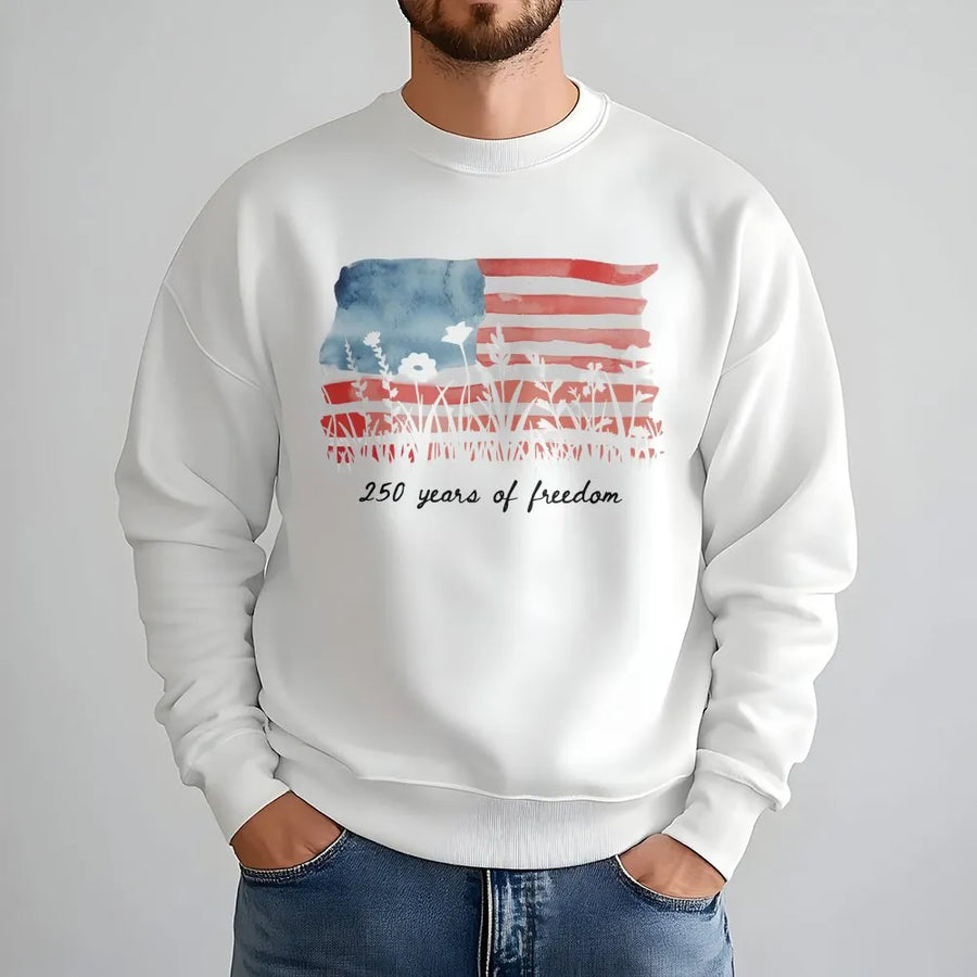 America 250 Sweatshirt | Watercolor Flag Wildflower Graphic | Premium Cotton Blend | Patriotic Fourth of July Gift for Women
