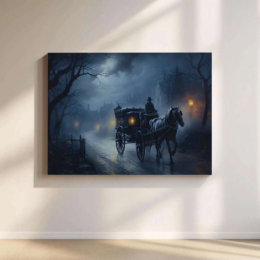 Gothic Horse Carriage Wall Art | Spooky Victorian Village Night Scene | Premium Gallery Canvas | Atmospheric Moody Home Decor Gift