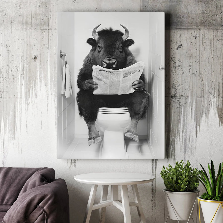 Funny Bison on Toilet Canvas Print | Black and White Animal Reading Newspaper Art | Premium Gallery Wrap Wall Decor | Unique Modern Bathroom Gift