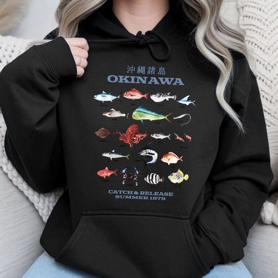 Okinawa Fish Hoodie | Retro 1979 Japanese Fish Identification Chart | Soft Cotton Blend Pullover | Premium Angler & Marine Biology Gift