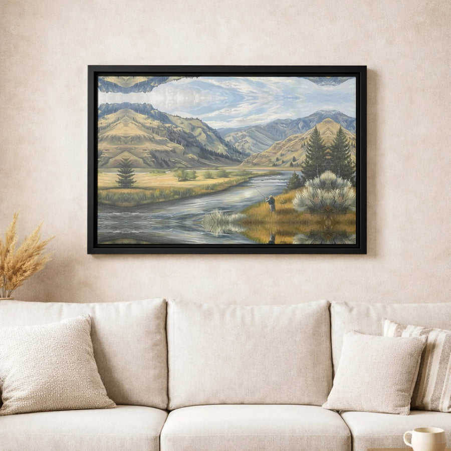 Fly Fishing Mountain River Canvas Art | Surreal Mirrored Landscape Wall Decor | Premium 1.25-inch Gallery Wrap | Gift for Fisherman & Nature Lovers