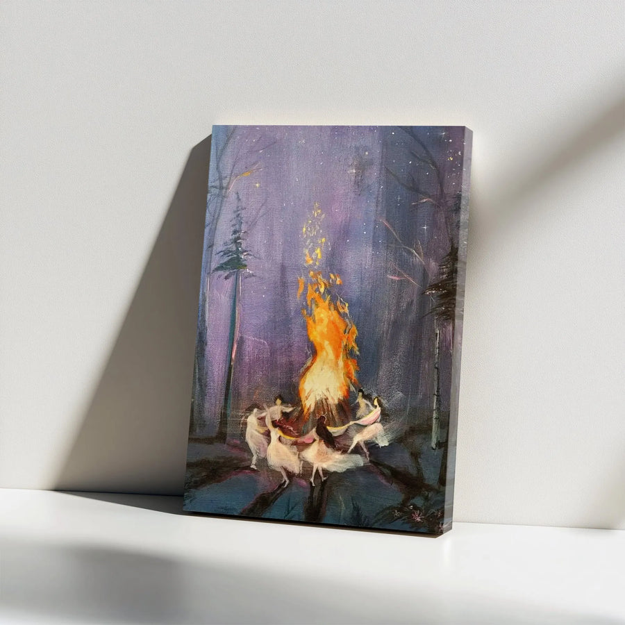 Forest Bonfire Canvas Wall Art | Whimsical Night Forest Dance Print | Premium Gallery Wrap Decor | Gift For Nature Lovers & Spiritual Soul