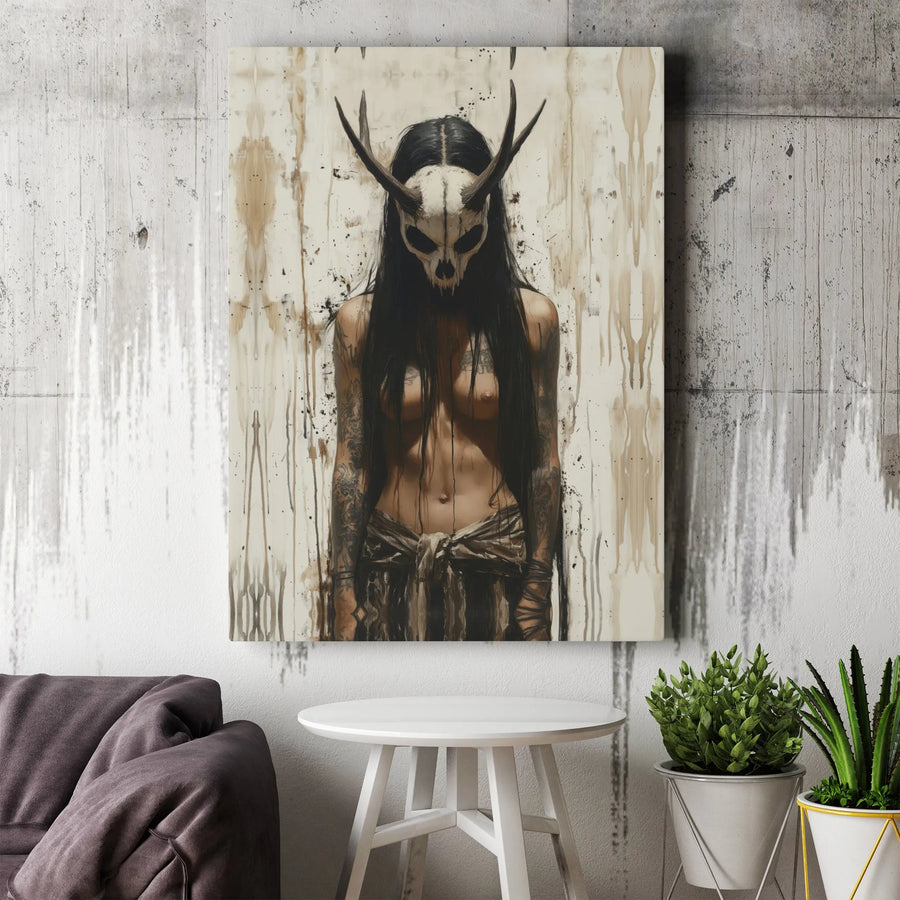 Gothic Skull Mask Wall Art | Dark Surrealism Tattooed Woman Canvas | Premium Gallery Wrap Print | Edgy Home Decor for Bedroom or Studio