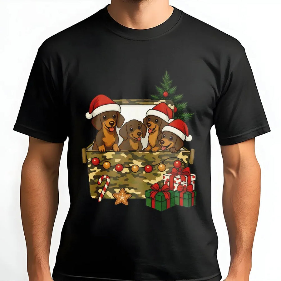 Dachshund Christmas T-Shirt | Cute Wiener Dog Puppies in Camo Gift Box Graphic | Soft Premium Cotton Tee | Holiday Dog Lover Gift for Him Her