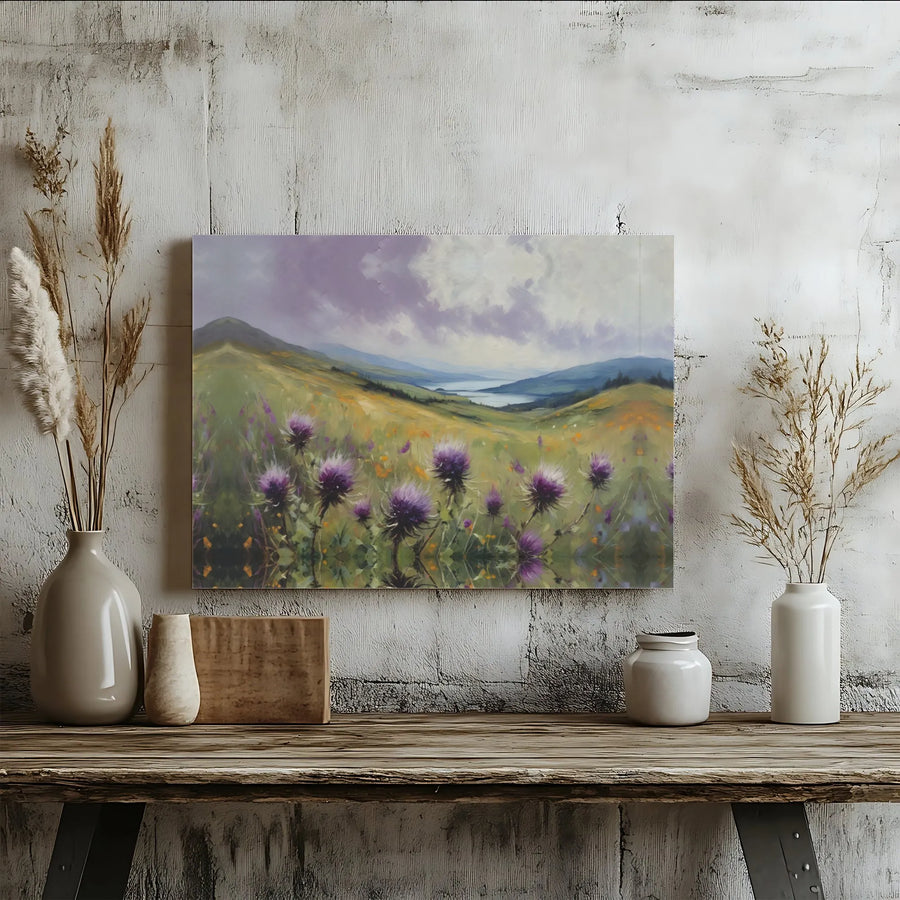 Scottish Highlands Landscape Canvas | Purple Thistle Meadow Art | Premium Gallery Wrap Print | Nature Wall Decor Gift for Nature Lovers