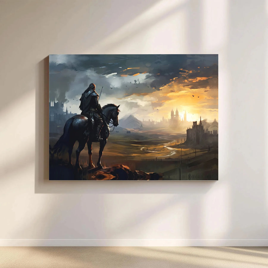 Fantasy Knight Canvas Wall Art | Epic Warrior Overlooking Kingdom | Premium Matte Print | Collector's Gift for Gamer, Game Room Decor