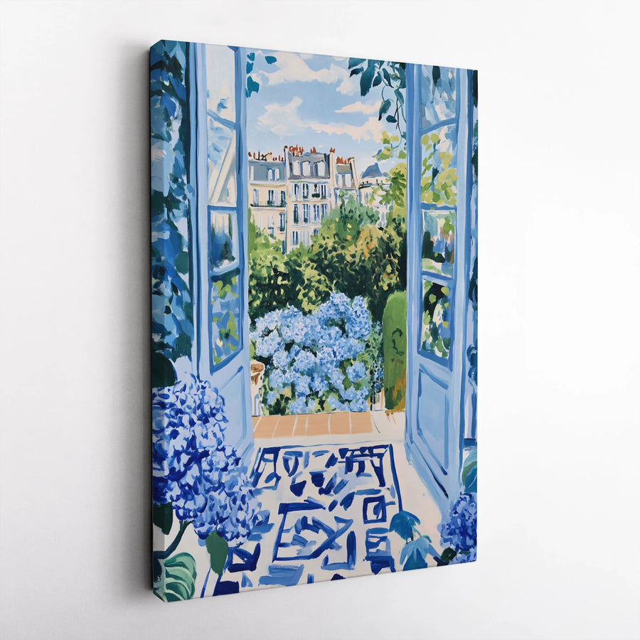 Parisian Balcony Canvas Print | Impressionist Blue Hydrangea View | Premium Gallery Wrap Wall Art | French Country Home Decor Gift