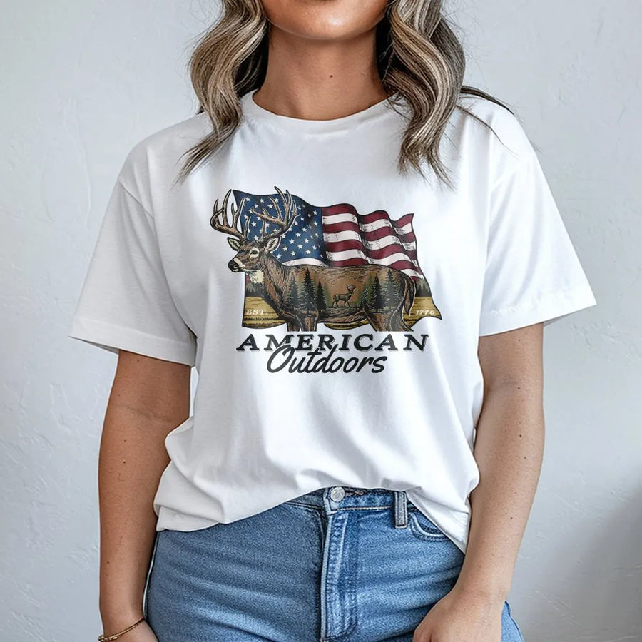 American Outdoors Deer Hunting T-Shirt | Patriotic Buck & Flag Graphic | 100% Cotton Premium | Gift for Hunters and Outdoorsmen