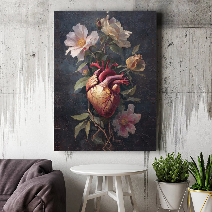 Anatomical Heart Wall Art | Vintage Floral Oil Painting Style | Premium Gallery Wrap Canvas | Gothic Romantic Home Decor Gift