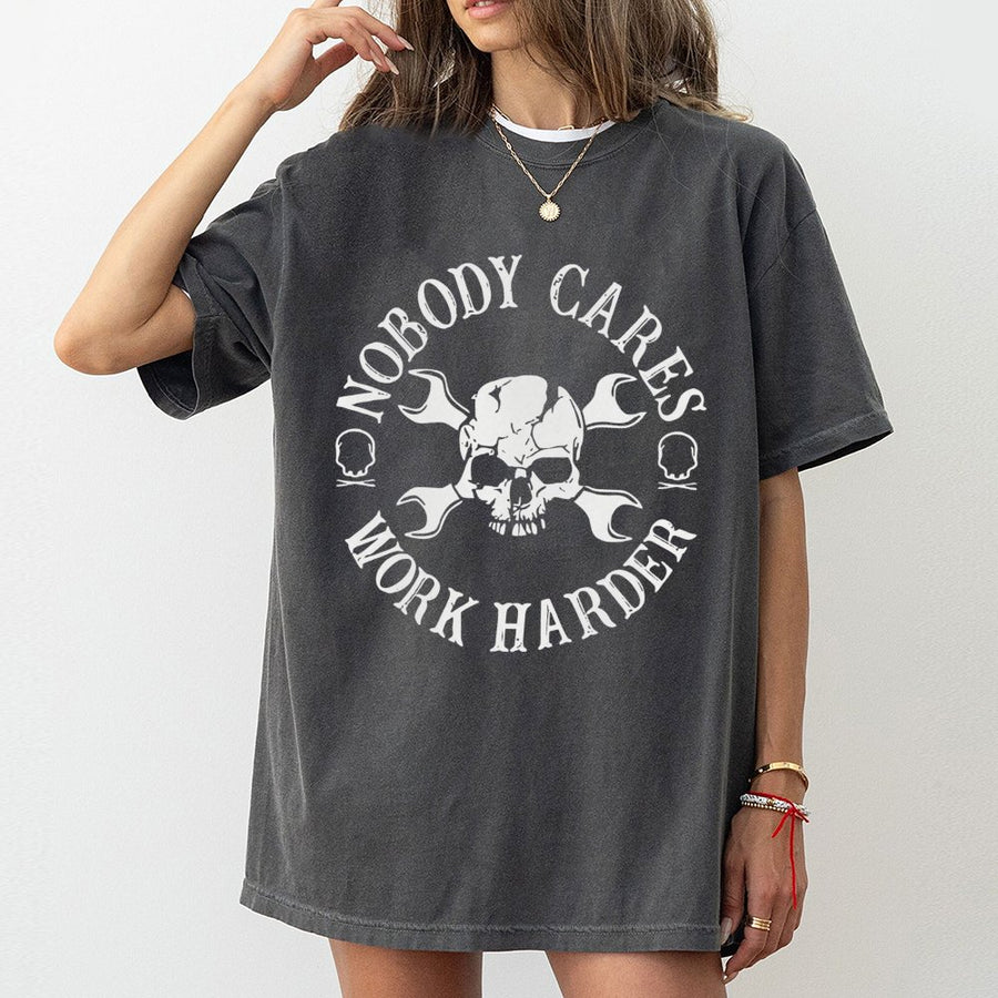 Nobody Cares Work Harder T-Shirt | Skull And Wrench Mechanic Graphic | 100% Cotton Premium Tee | Motivational Fitness Gift For Men