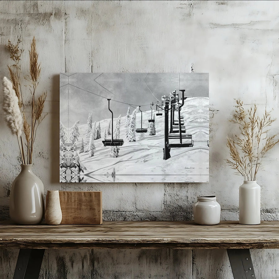 Ski Lift Wall Art | Black and White Snowy Mountain Landscape | Gallery Quality Canvas Print | Winter Sports Cabin Decor