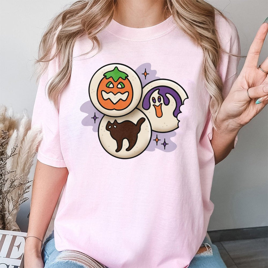 Halloween Sugar Cookie T-Shirt | Cute Spooky Ghost Cat Pumpkin Graphic | Premium Soft Cotton Tee | Spooky Season Gift For Halloween Lovers