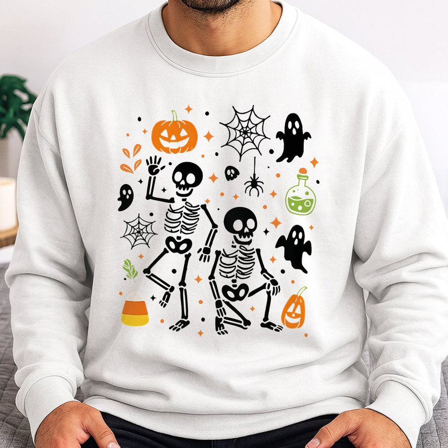 Dancing Skeleton Halloween Sweatshirt | Spooky Pumpkin Ghost Graphic Print | Premium Cotton Blend | Funny Fall Gift for Adults