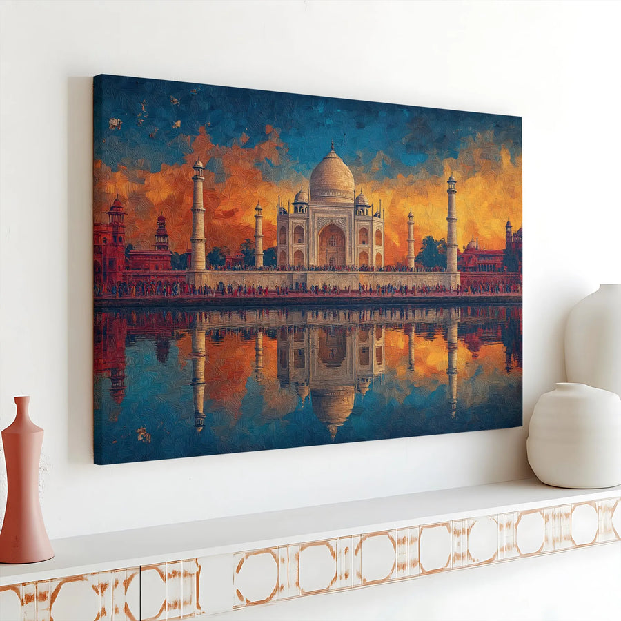 Taj Mahal Canvas Wall Art | Vibrant Impressionist Sunset Painting Print | Premium Gallery Wrapped Canvas | India Landmark Decor Gift for Traveler