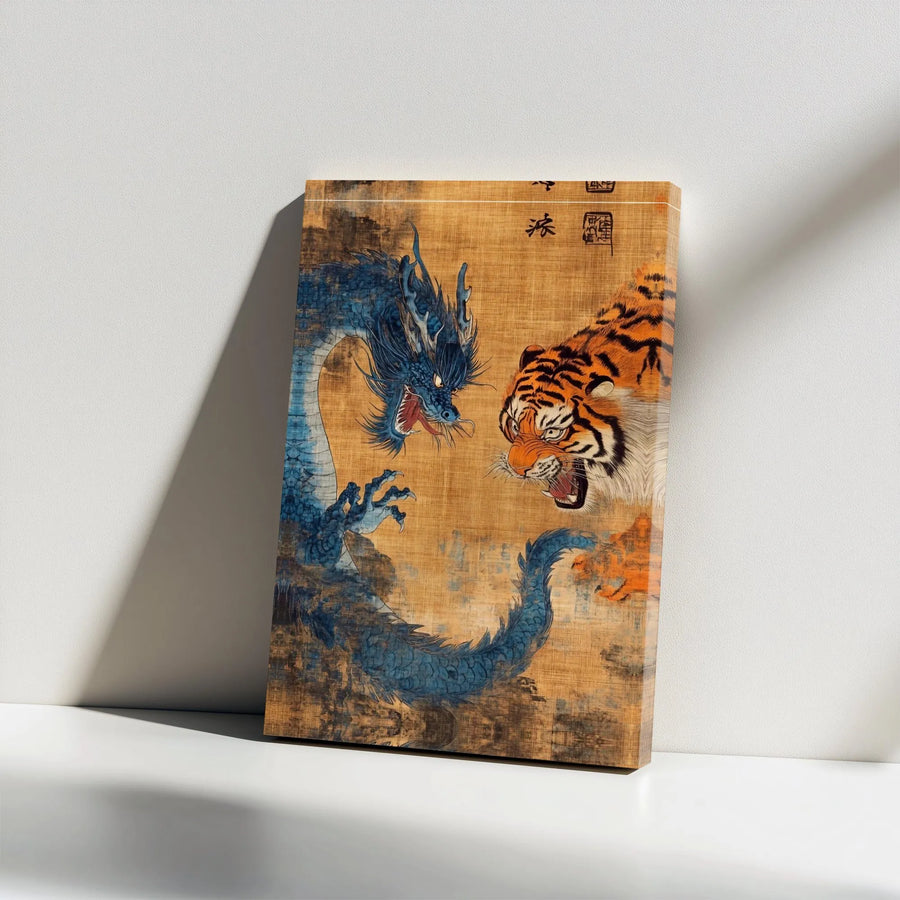 Japanese Dragon And Tiger Canvas | Traditional Ukiyo-e Style Wall Art | Premium Gallery Wrap | Zen Home Decor Gift for Him