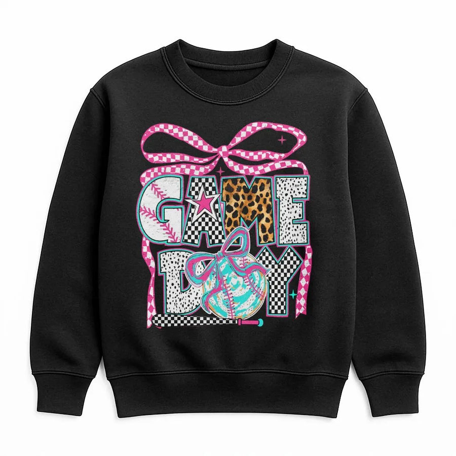 Game Day Baseball Sweatshirt | Trendy Coquette Graphic with Leopard & Checkered Print | Soft Cotton Blend | Gift for Baseball Mom & Sports Fans