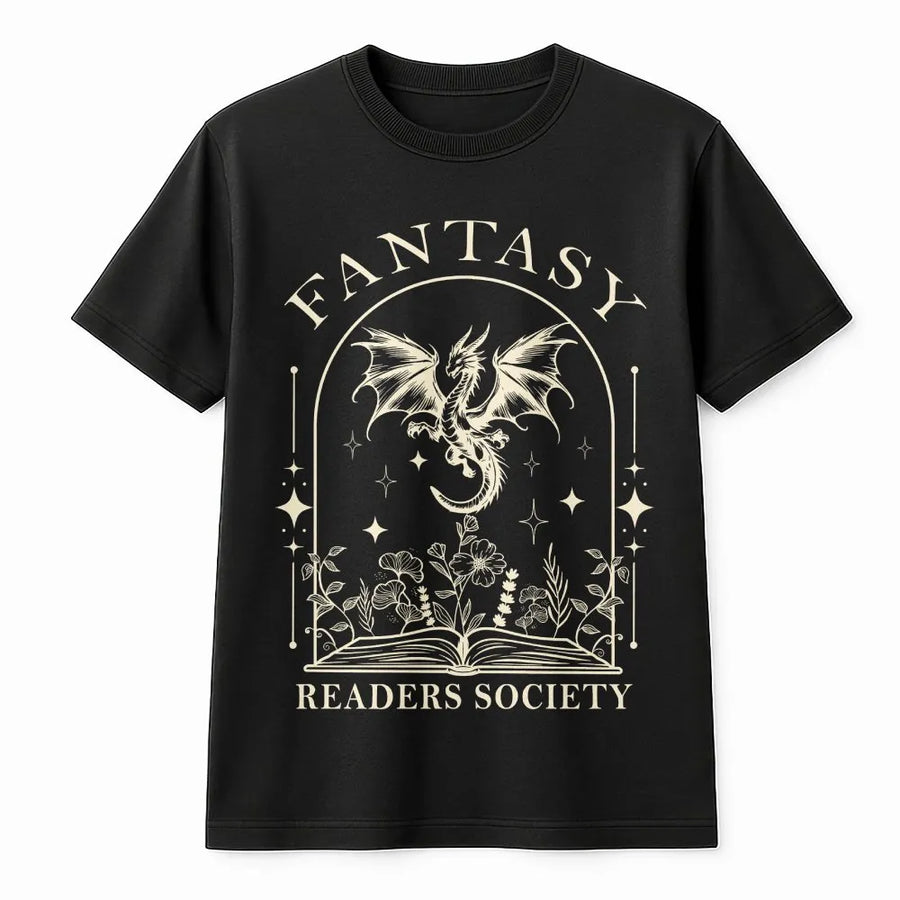 Fantasy Readers Society T-Shirt | Magical Dragon Book Art | Premium 100% Cotton Tee | Gift for Book Lovers and Fantasy Readers