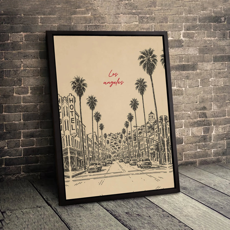 Los Angeles Wall Art | Vintage Palm Tree Cityscape Sketch | Gallery Wrapped Premium Canvas | California Travel Decor Gift