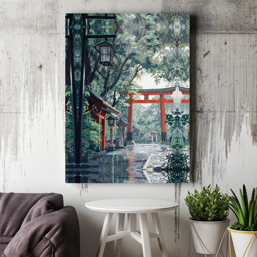 Japanese Torii Gate Canvas Print | Rainy Shrine Landscape Wall Art | Gallery-Quality 1.25" Premium Canvas | Serene Zen Decor For Home Or Office
