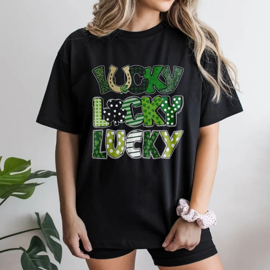 Lucky Lucky Lucky St. Patrick's Day T-Shirt | Green Shamrock Pattern Graphic Print | 100% Premium Cotton Tee | Festive Gift for Men and Women