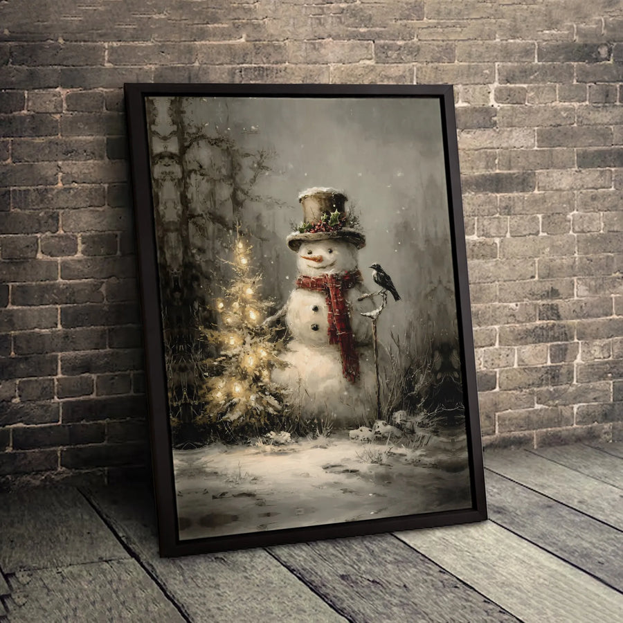 Vintage Snowman Wall Art | Whimsical Christmas Tree & Bird Painting | Premium 1.25" Gallery Canvas | Festive Holiday Home Decor Gift