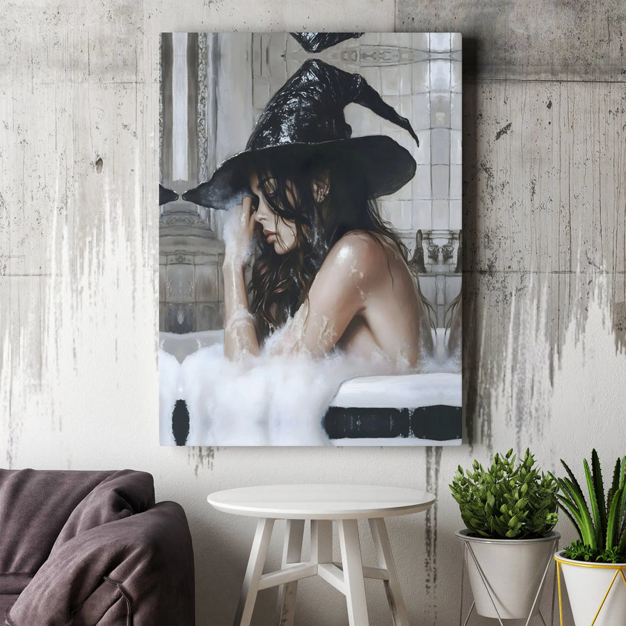 Gothic Witch Bathing Canvas Art | Whimsical Bathroom Wall Decor | Premium 1.25 Inch Gallery Wrap | Spooky Halloween Home Gift