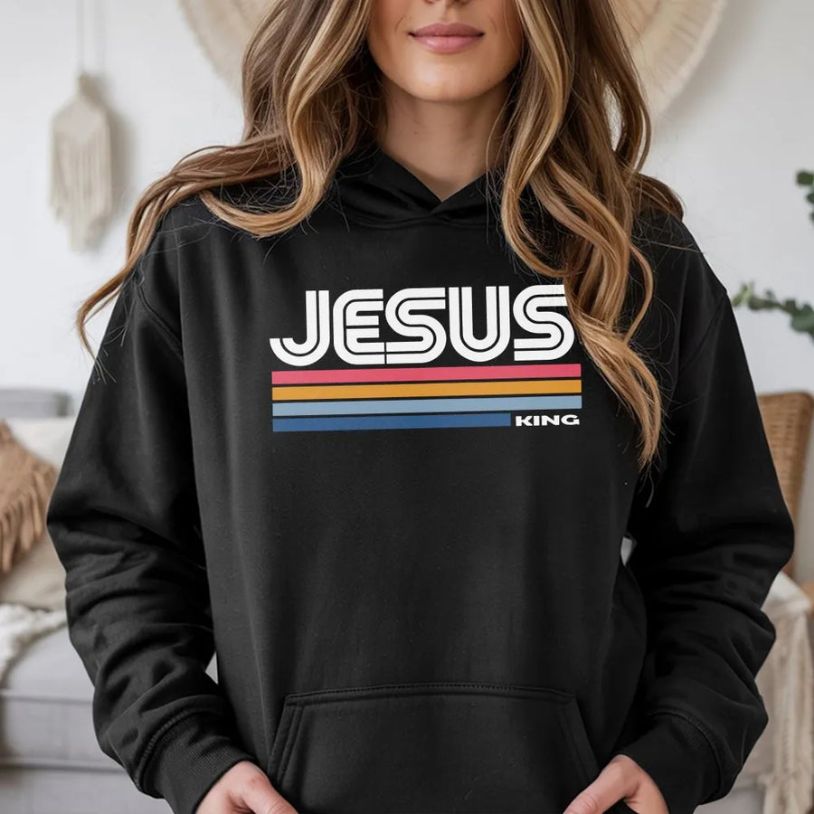 Jesus King Hoodie | Retro 70s Stripe Design | Premium Cotton Tee | Christian Faith Gift for Men and Women