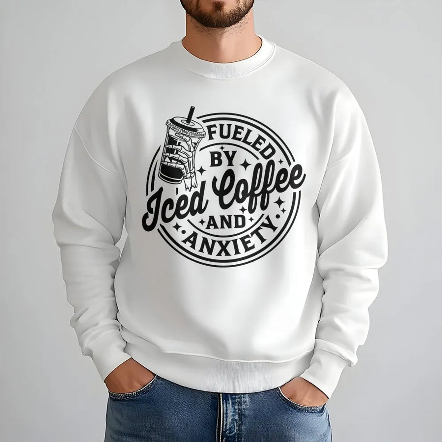 Fueled By Iced Coffee And Anxiety Sweatshirt | Skeleton Hand Aesthetic Graphic | Premium Cotton Blend | Gift For Coffee Lovers And Students