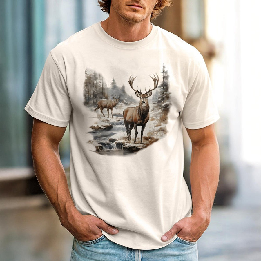 Deer Wilderness T-Shirt | Watercolor Forest Buck Graphic | 100% Cotton Premium Tee | Nature Lover Gift For Him Her
