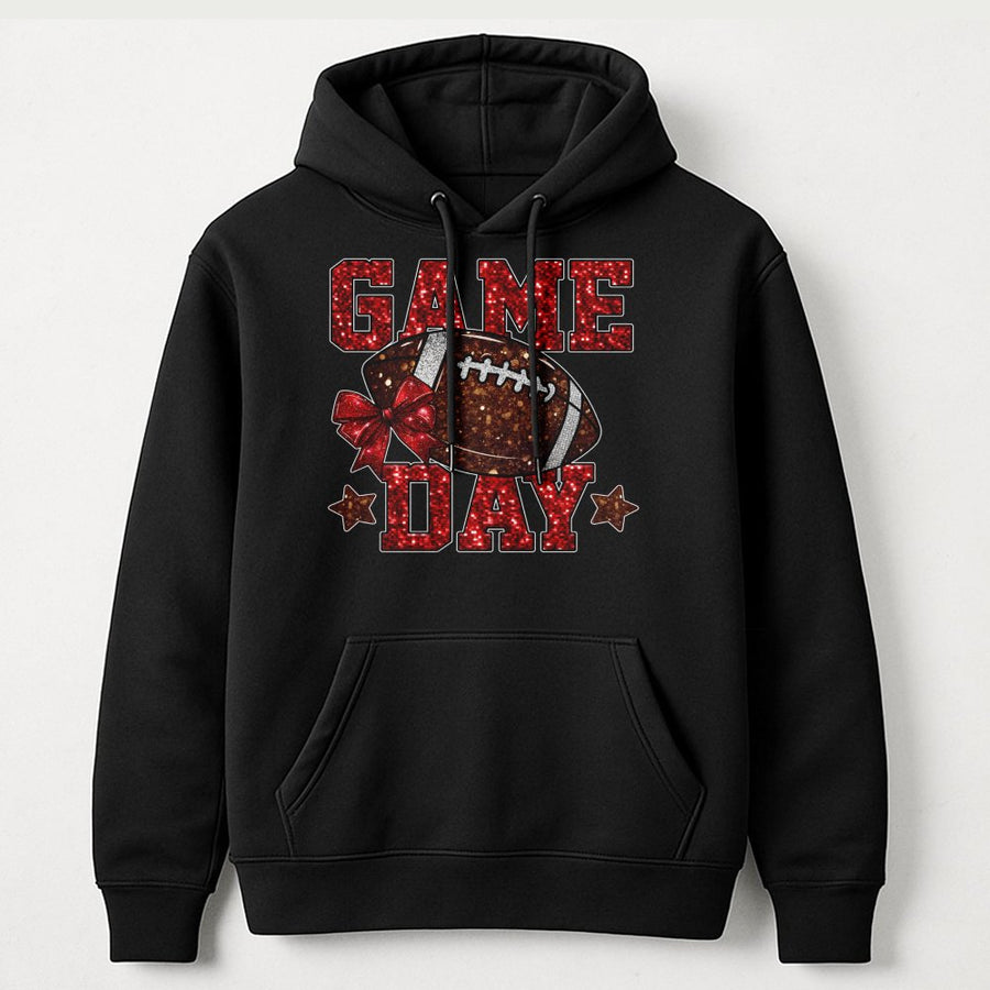 Game Day Football Hoodie | Glitter Graphic Sport Print | Cotton-Polyester Blend | Trendy Fall Sports Apparel For Fans And Players