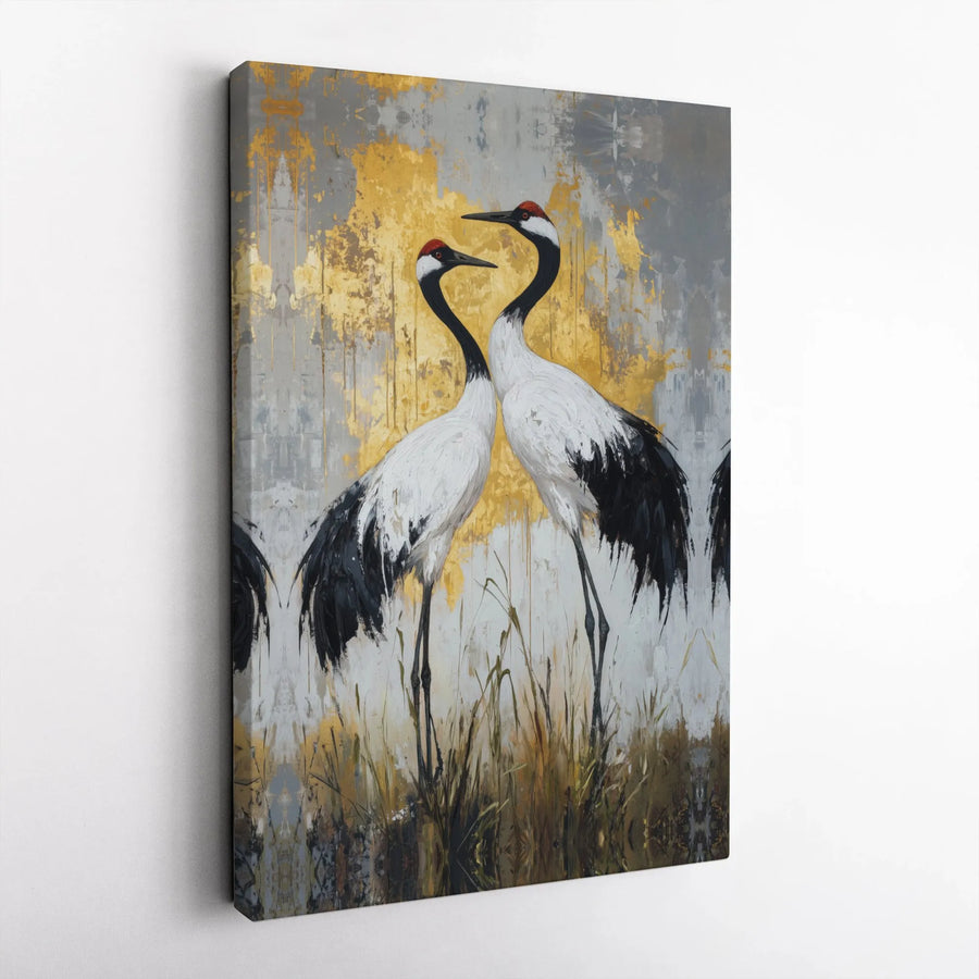 Red-Crowned Crane Canvas Wall Art | Gold Leaf Abstract Bird Painting | Premium 1.25" Gallery Wrap | Sophisticated Home Office Decor Gift