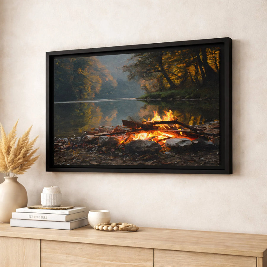 Autumn River Campfire Canvas Art | Cozy Forest Landscape Print | Premium 1.25 Inch Gallery Wrap | Rustic Home Decor Gift