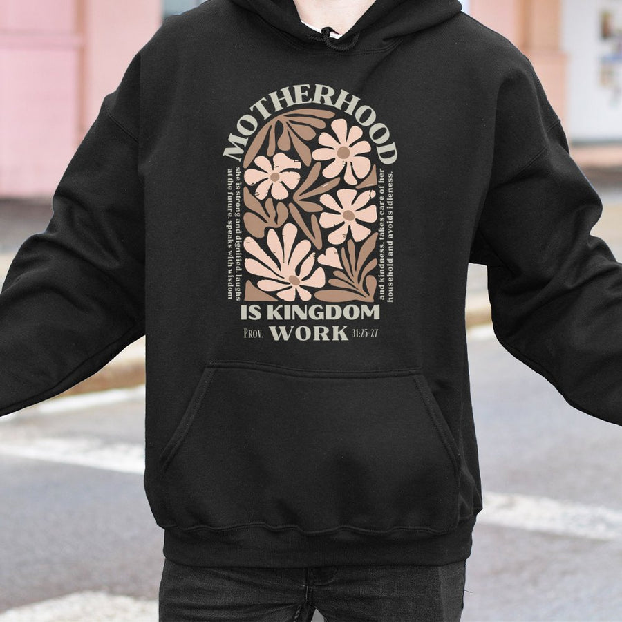 Motherhood Is Kingdom Work Hoodie | Retro Floral Christian Design | Premium Cotton-Blend Fleece | Gift For Christian Mom & Mother's Day 2026