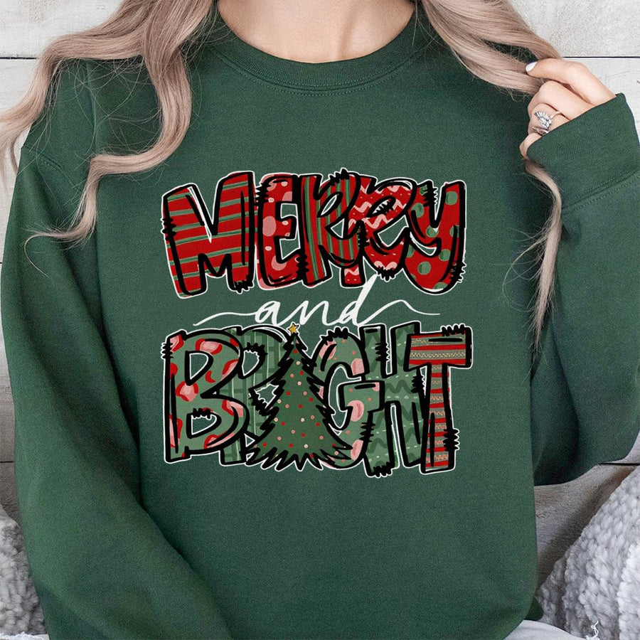 Merry and Bright Christmas Sweatshirt | Festive Holiday Graphic Tree Design | Premium Cotton Blend | Cozy Unisex Gift for Winter Holidays