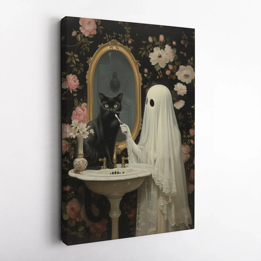 Ghost Brushing Cat Teeth Canvas Wall Art | Whimsical Spooky Bathroom Decor | Premium Fade-Resistant Gallery Wrap | Unique Gothic Gift