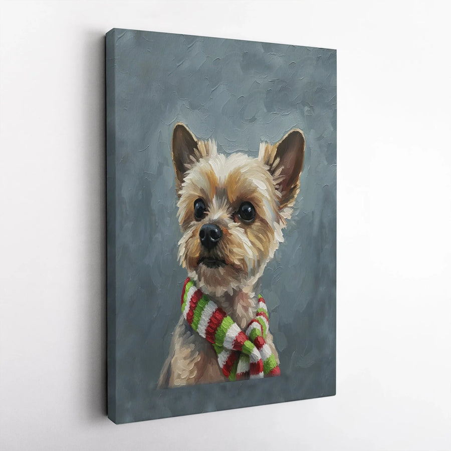 Yorkshire Terrier Canvas Wall Art | Dog Wearing Christmas Scarf Portrait | Premium Gallery Wrapped Print | Festive Holiday Home Decor Gift