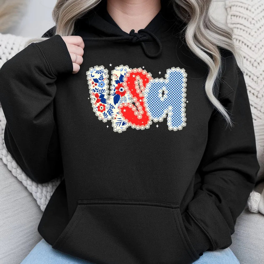 USA Hoodie | Floral Patchwork Style Graphic Sweatshirt | Premium Cotton Blend | Patriotic 4th of July Gift for Women