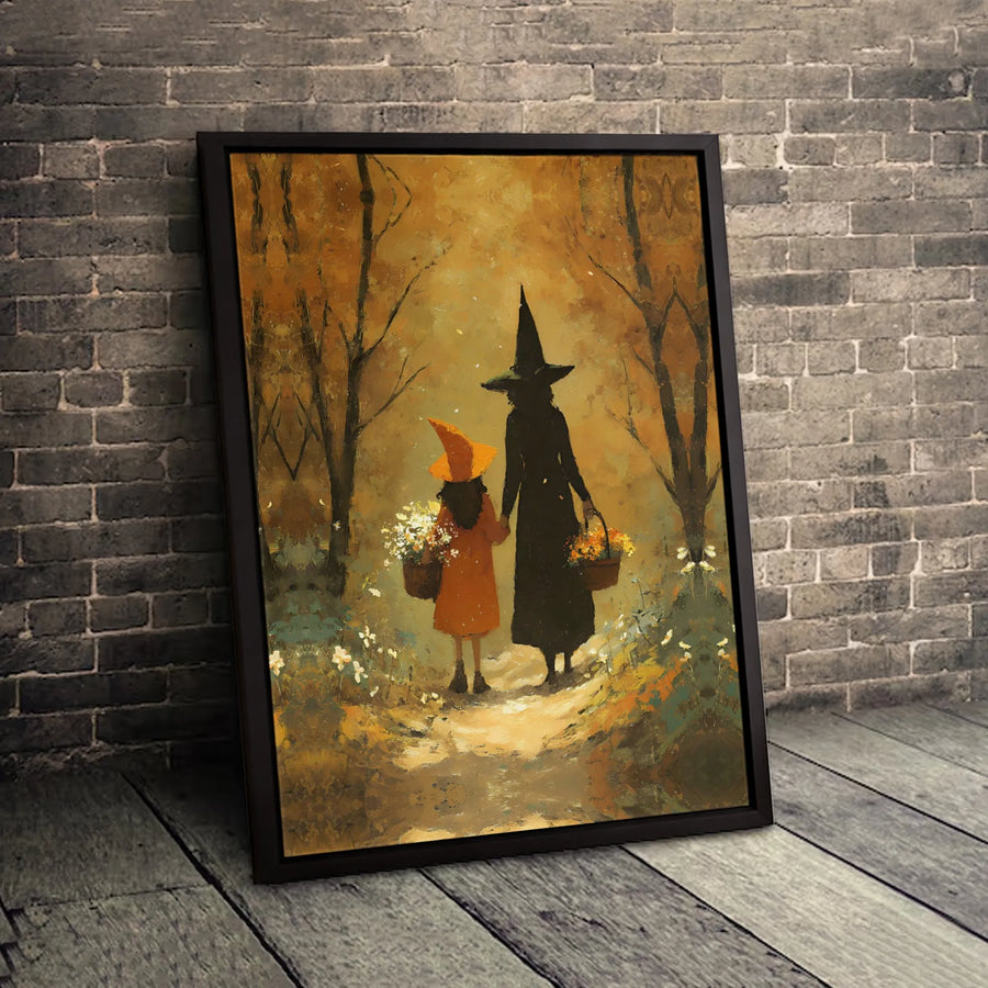 Mother and Daughter Witches Wall Art | Autumn Forest Whimsical Painting | 1.25-Inch Premium Gallery Canvas | Halloween Home Decor Gift