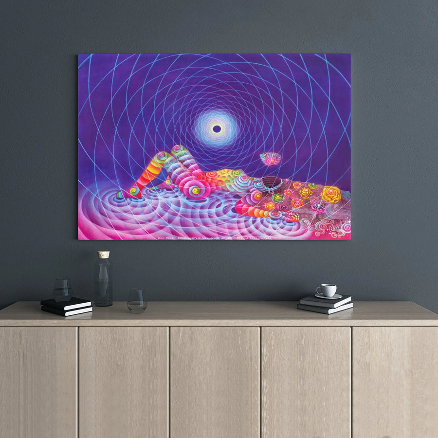 Psychedelic Visionary Art Canvas | Cosmic Spiral Vortex Reclining Woman | Gallery Wrap Premium Print | Surreal Abstract Home Decor Wall Art