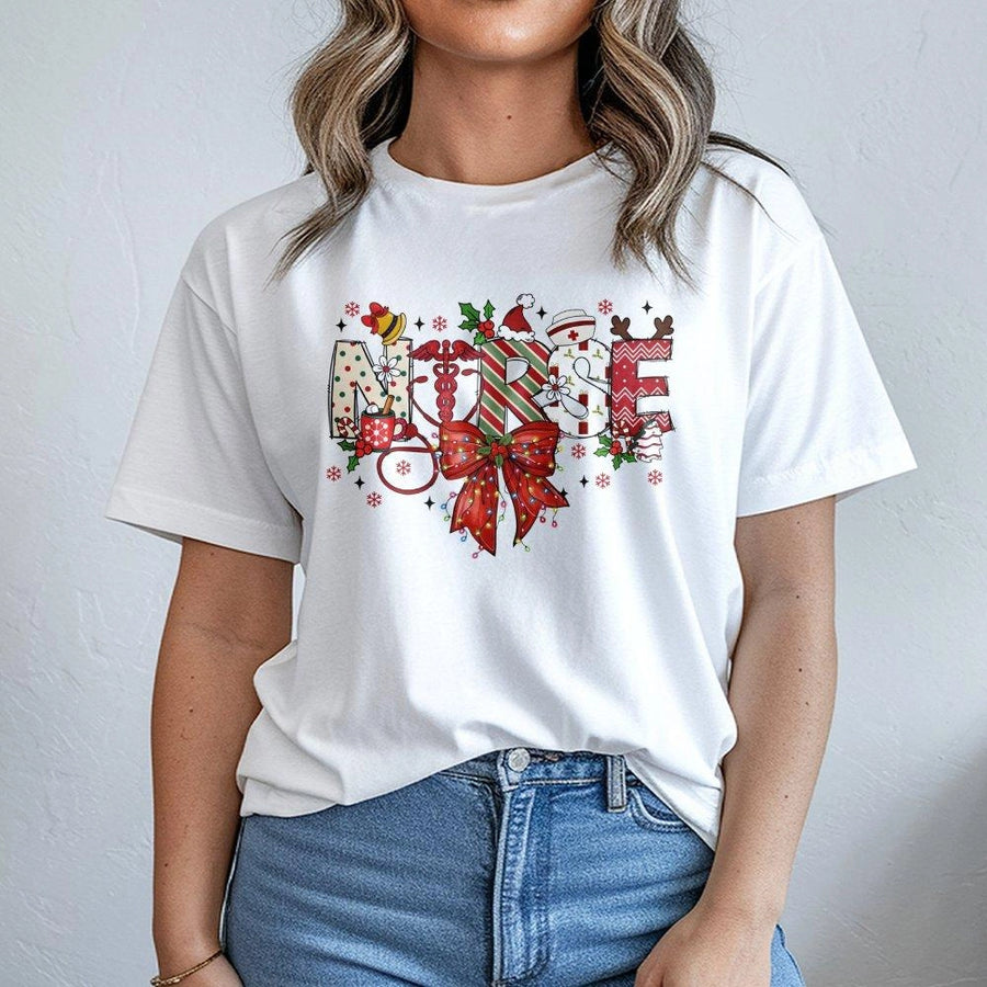 Christmas Nurse T-Shirt | Festive Stethoscope Holiday Design | 100% Cotton Premium Tee | Unique Gift for RN, LPN, and Nursing Students