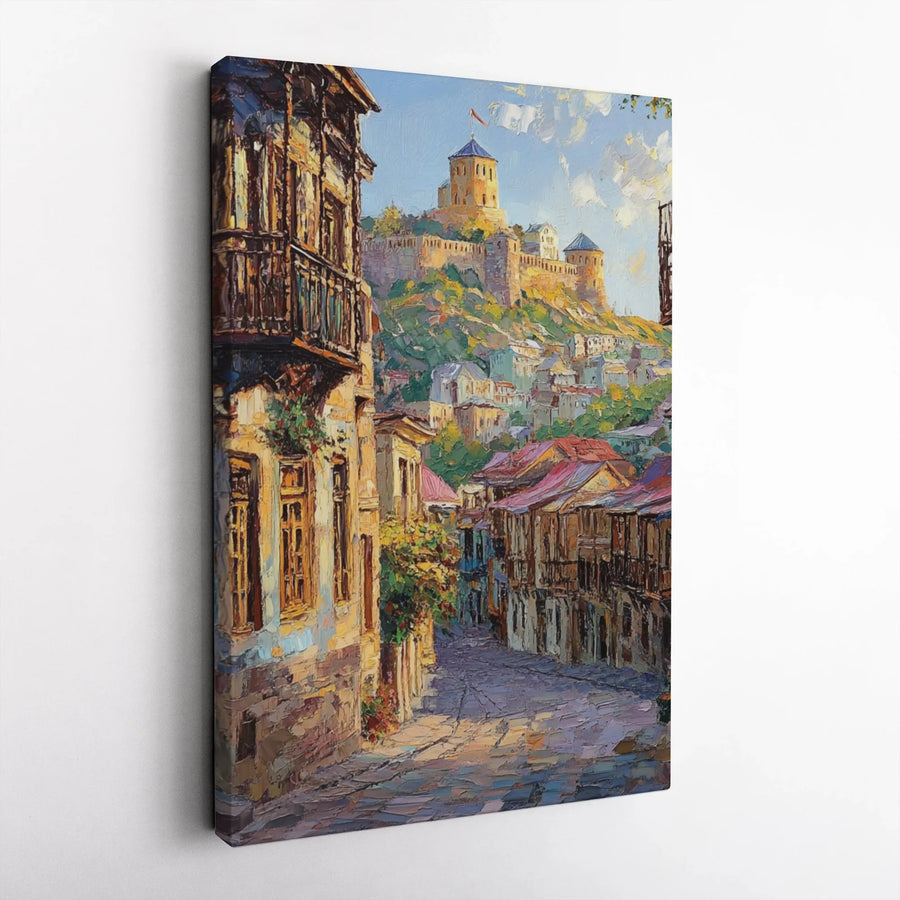 Old Town Streetscape Vertical Canvas | Impressionist Village Painting with Castle | Premium Quality Print | Living Room Wall Art & Home Decor Gift