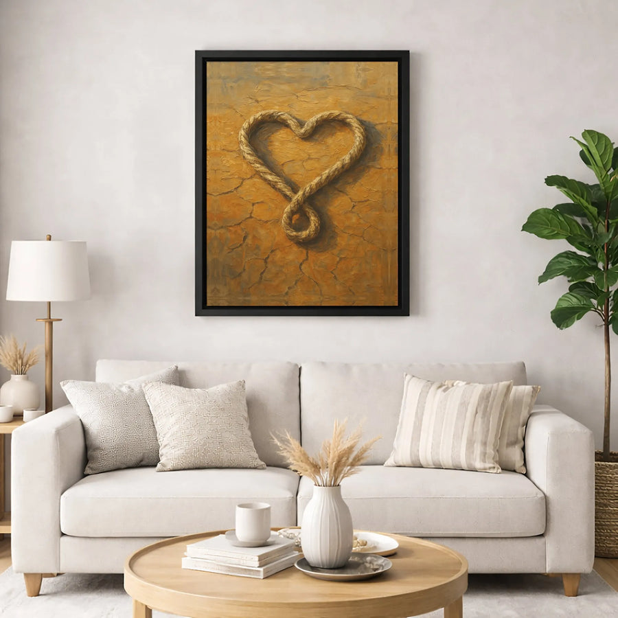 Rope Heart Canvas Wall Art | Rustic Textured Earth Design | 1.25 Inch Gallery Wrap | Romantic Home Decor Gift