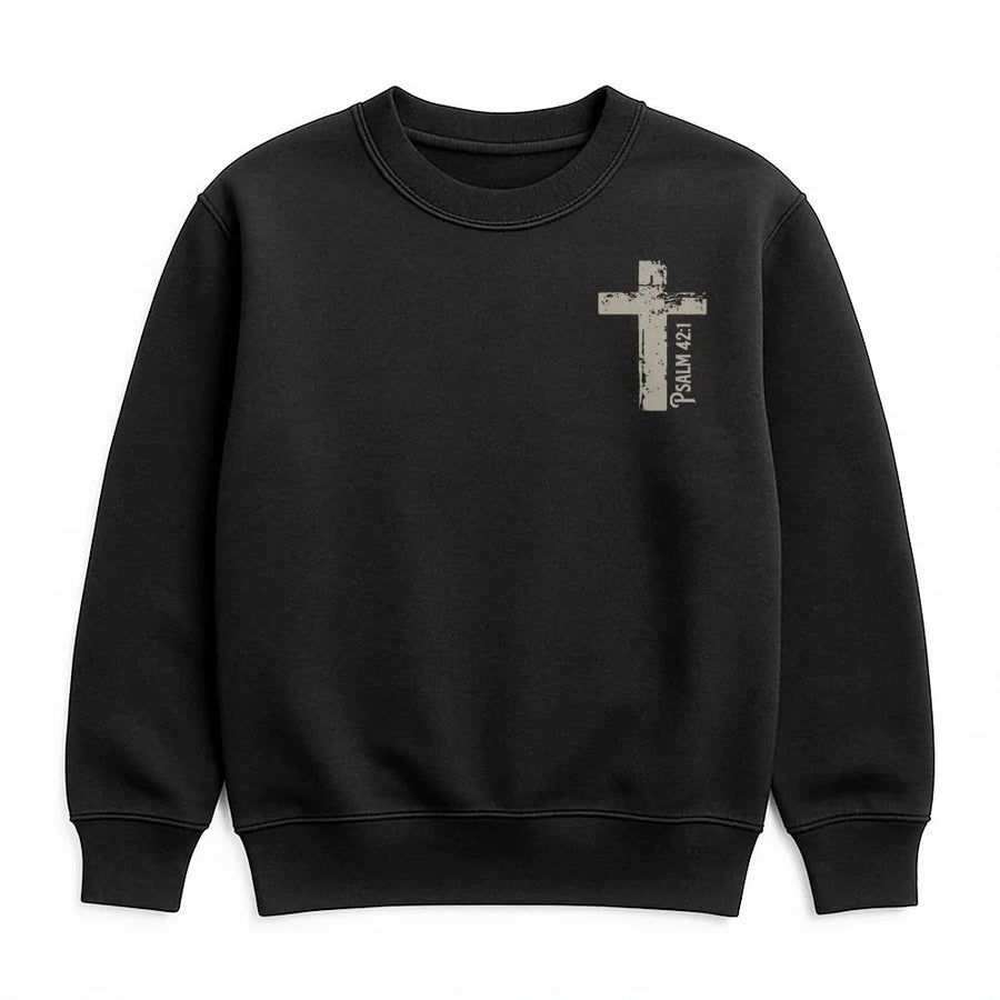 Christian Hunter Sweatshirt | Distressed Cross with Psalm 42:1 | Premium Cotton Blend | Religious Gift for Men, Dad, Outdoorsman