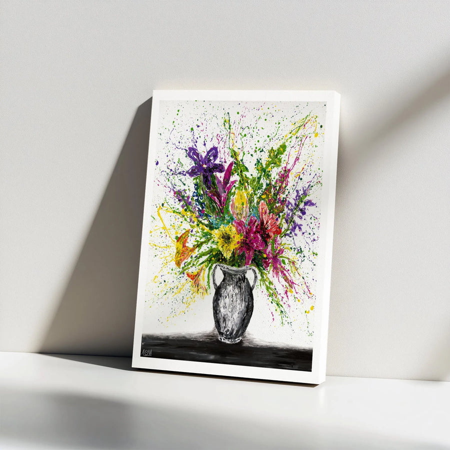 Abstract Flower Canvas Art | Vibrant Splatter Paint Floral Bouquet | Gallery Wrapped Premium Print | Modern Home Decor Gift