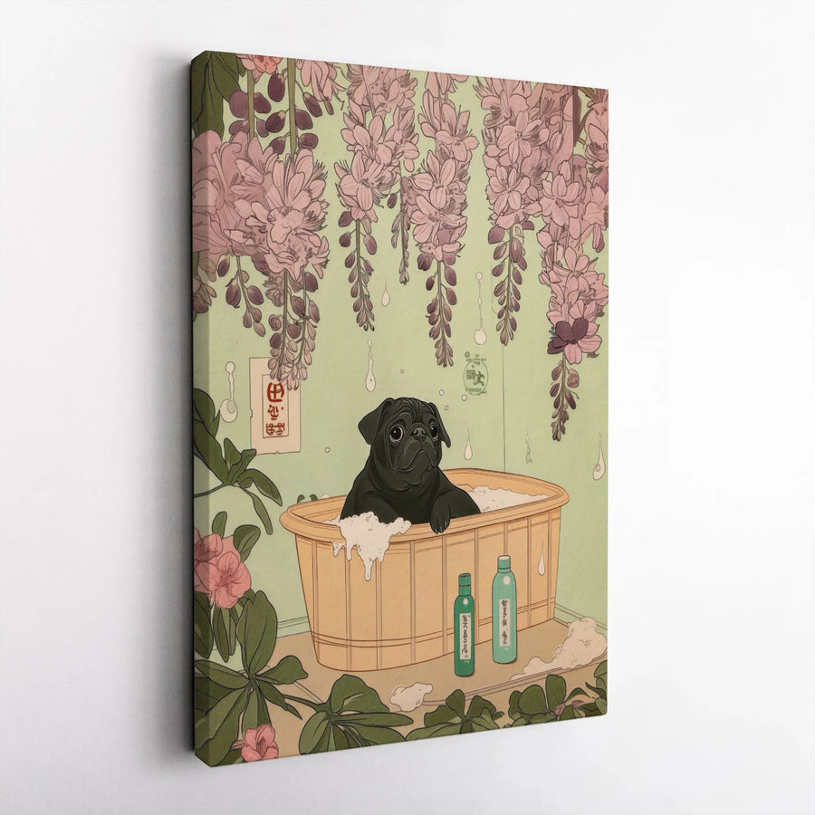 Black Pug Wall Art | Japanese Ukiyo-E Style Bathing Dog with Wisteria | Gallery Wrapped Canvas Print | Unique Dog Lover Gift Home Decor