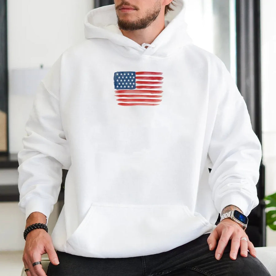 American Flag Hoodie | Distressed Watercolor USA Flag Graphic | Premium Cotton Blend | Patriotic Gift for Men & Women