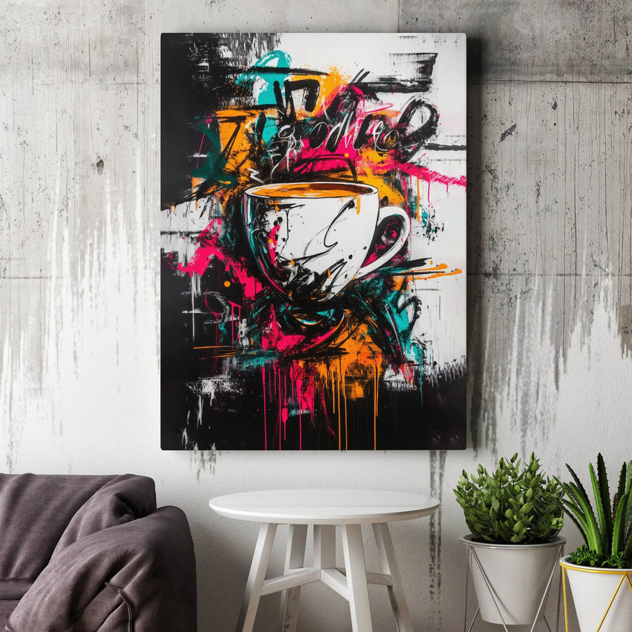 Abstract Coffee Cup Canvas Wall Art | Street Art Graffiti Style Print | Premium Fade-Resistant Ink | Modern Kitchen Decor Gift for Coffee Lover