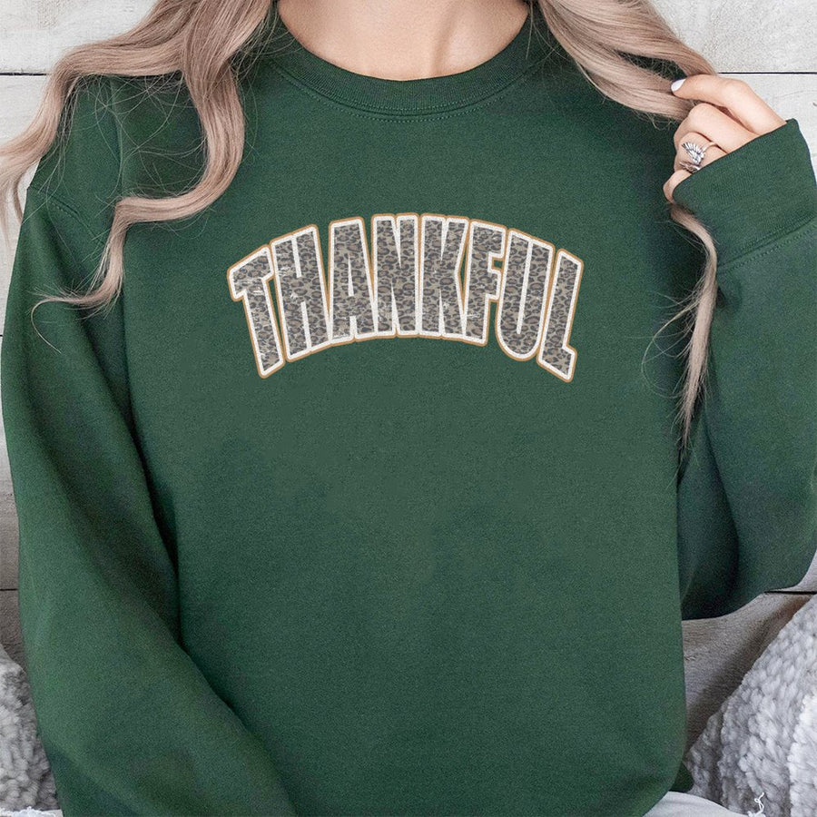 Thankful Sweatshirt | Leopard Print Varsity Letter Design | Premium Cotton Blend | Cozy Thanksgiving Fall Gift for Women