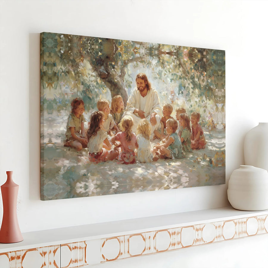 Jesus With Children Canvas Print | Religious Wall Art Under A Tree | Premium Gallery Wrap Decor | Inspirational Christian Home Gift For Living Room