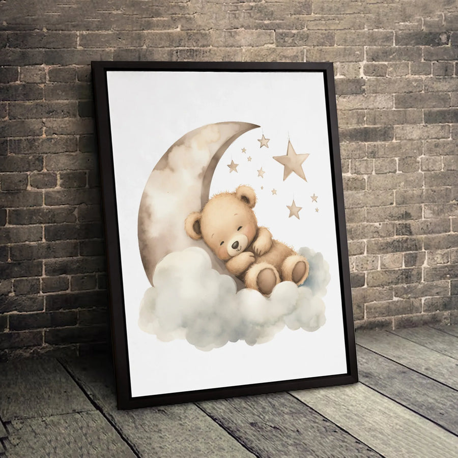 Watercolor Teddy Bear Canvas Art | Sleeping Moon and Stars Nursery Decor | Premium Fade-Resistant Wall Print | Baby Boy or Girl Room Gift